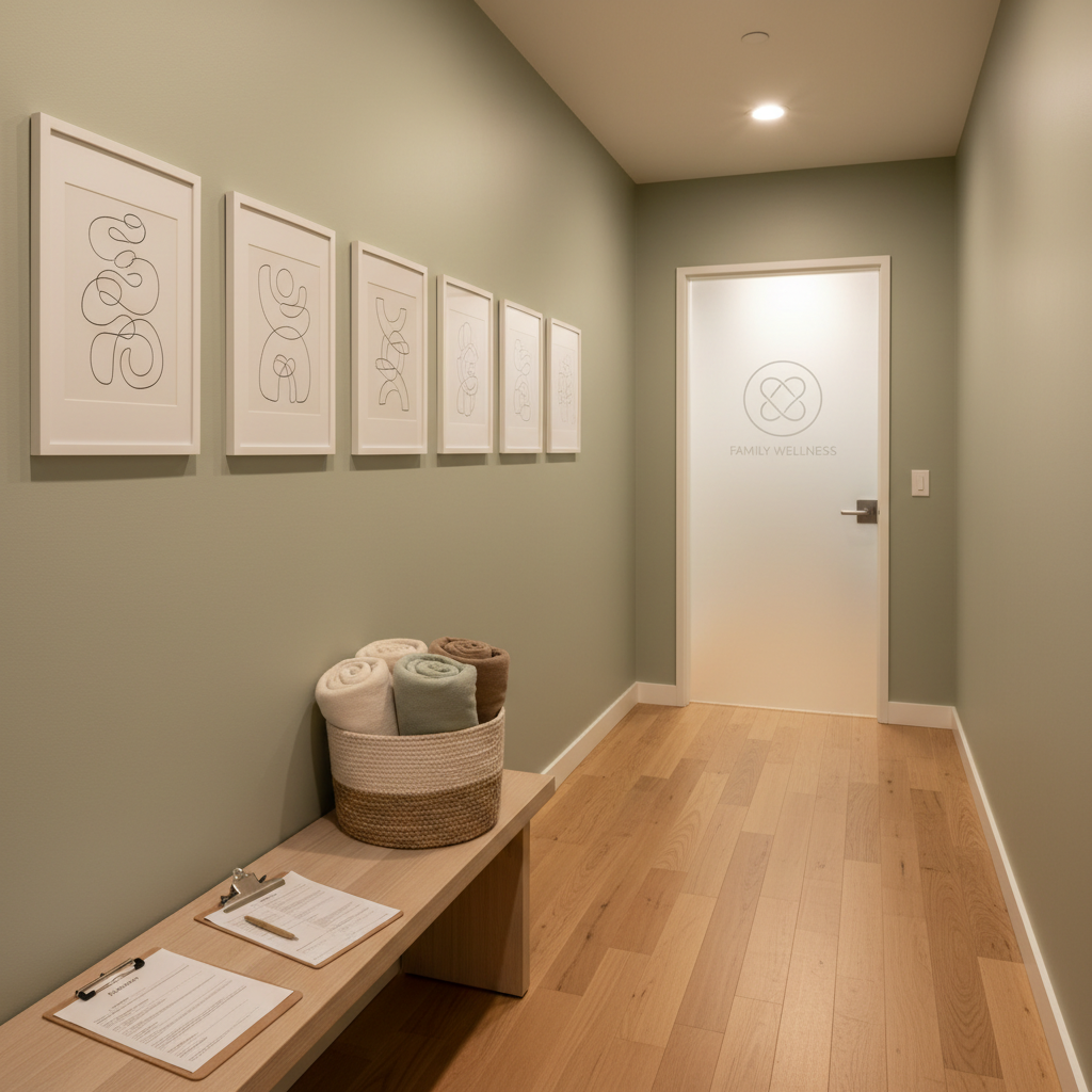 A calming corridor in a private practice dedicated to family relations, with a pale wooden bench holding a woven basket filled with neatly folded, earth-toned blankets and a clipboard with organized intake forms. Along the wall, minimalist framed line-art prints depict abstract, interconnected shapes. At the far end, a frosted glass door with a simple logo suggests confidentiality and welcome. Warm, indirect artificial lighting from recessed ceiling fixtures creates soft, shadowless illumination. Photographic realism, eye-level composition with leading lines guiding the viewer down the corridor, sharp focus throughout, evoking a sense of safety, structure, and serenity aligned with professional family support services.